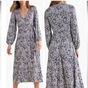 Boden Blue and White V-Neck Midi Dress